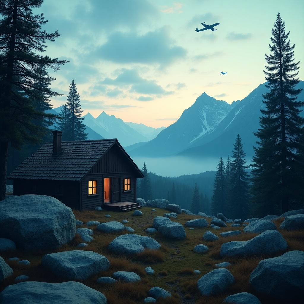 The image depicts a small wooden cabin nestled in the northern mountains. Surrounded by rocks and towering fir trees, it offers a serene escape with only silent peaks in sight. Occasionally, military planes can be seen crossing the high sky, resembling metal birds in flight. As twilight deepens, warm light glows from the cabin windows, contrasting with the cool tones of the landscape. Evening brings the haunting howls of wolves, echoing secrets in the cold night air, creating a sense of mystery and solitude.