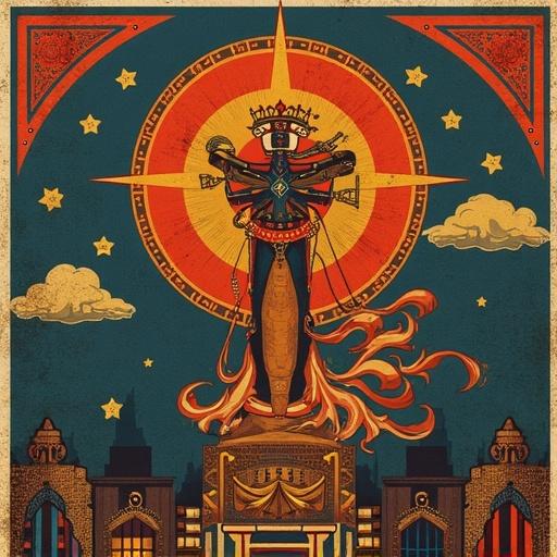 Colorful illustration featuring a central mythological figure surrounded by a radiant sun and urban skyline. Elements reflect cultural symbolism and historical artistry.