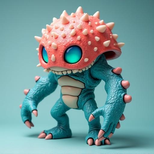 Large vinyl-style figure of a sea monster with wave-shaped arms and shell-like armor. Features coral mask and bioluminescent eyes. Stands in stylized pose with glossy finish. Colors include sea blue, coral red, and pearl white.