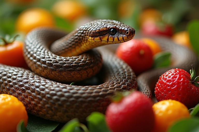 A snake wriggling among bright fruits. Fruits symbolize abundance and health. Snake adds contrast to the colorful setting.