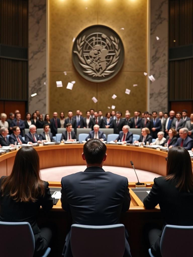 UN Security Council meeting with politicians gathered around a circular table. Officials in formal attire stand and throw papers into the air. The UN emblem is displayed on the wall. Shot from an elevated perspective showing both seated and standing individuals.