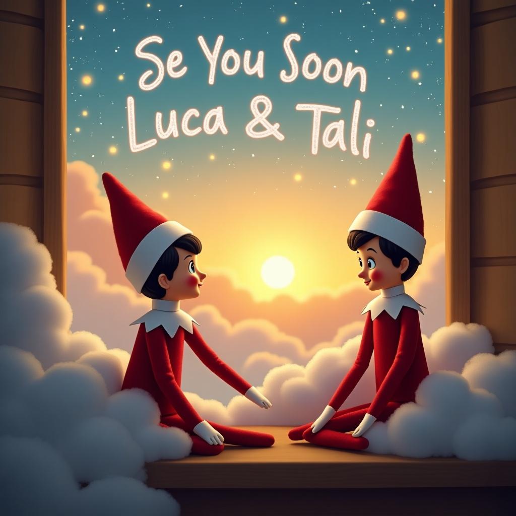 This illustration depicts two cheerful elves seated on fluffy white clouds, engrossed in a friendly conversation. The background features a vibrant sunset, casting a warm glow over the scene. At the top, the text 'See You Soon Luca & Tali' is playfully written in the sky. The elves are dressed in traditional red and green outfits, enhancing the festive feel. This enchanting artwork captures the spirit of holiday cheer and friendship.