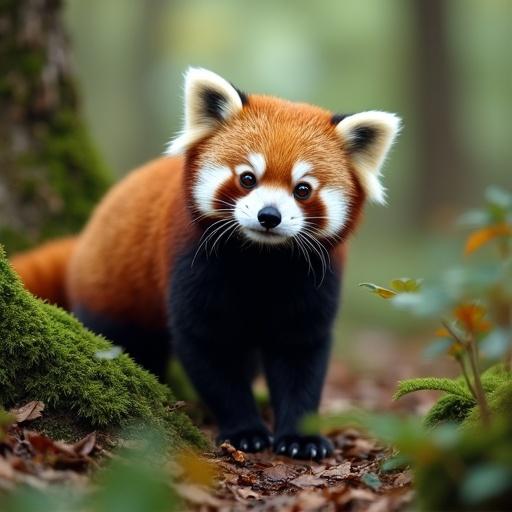 Red panda stands in a magical forest surrounded by lush greenery and soft light. The red panda has a distinctive orange-brown fur coat and a curious expression, blending harmoniously with the enchanting scenery.