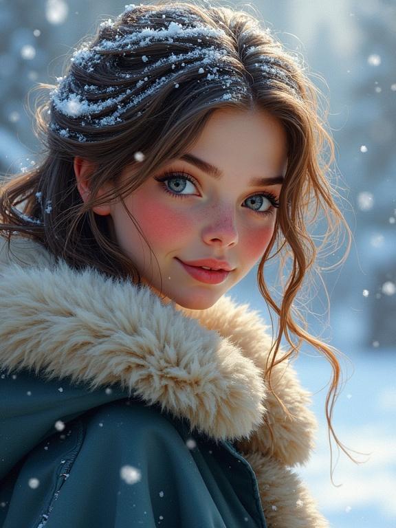 A young woman with rosy cheeks and snow-dusted hair smiles at the viewer. She wears a fur-lined cloak in a snowy landscape. The scene is filled with falling snowflakes and atmospheric effects. Her eyes sparkle with winter magic.