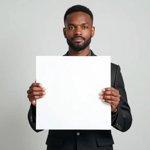 Man in a suit stands holding a 2D white square. Neutral background enhances the focus on the square. Suitable for marketing and presentation purposes.