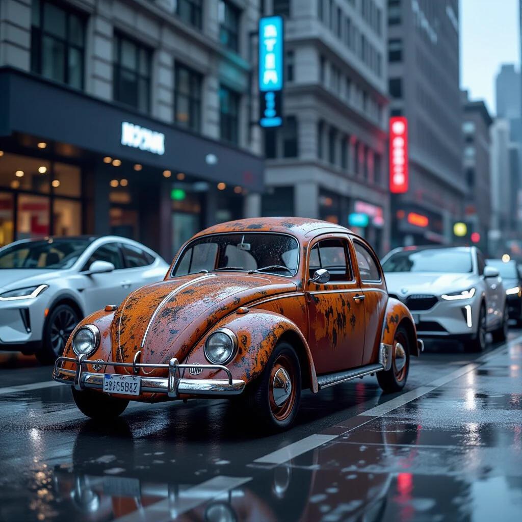 Ultra realistic street scene. Abandoned 1936 Volkswagen Beetle with heavily rusted body. Parked between modern cars in downtown. Rainy ambiance with reflections. Detail contrasts Beetle decay with glossy modern vehicles. Wet urban textures and steam rising from a manhole. Bokeh effect of city skyscrapers with holographic ads. Cinematic neon lighting in the environment. Hyperdetailed urban scenery. 16K resolution.