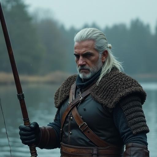 A fantasy character fishing by a serene lake. The character is wearing medieval clothing with armor details. A fishing spear is held in one hand. Pine trees surround the lake, creating a calm atmosphere. The sky is cloudy and the environment is tranquil and natural.