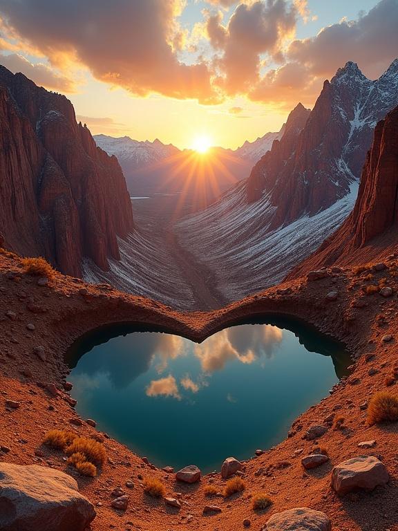 Dramatic landscape featuring a heart-shaped pool of water in a rugged canyon. Pool reflects surrounding scenery and sky. Water is deep blue with golden highlights from sunset. Canyon walls are steep and rocky with reddish-brown hue. Snow patches on higher peaks indicate elevation. Jagged towering peaks add grandeur. Sky has orange, yellow, and purple hues with scattered clouds illuminated by the sun low on horizon. Overall atmosphere is serene and majestic with heart-shaped pool as focal point.