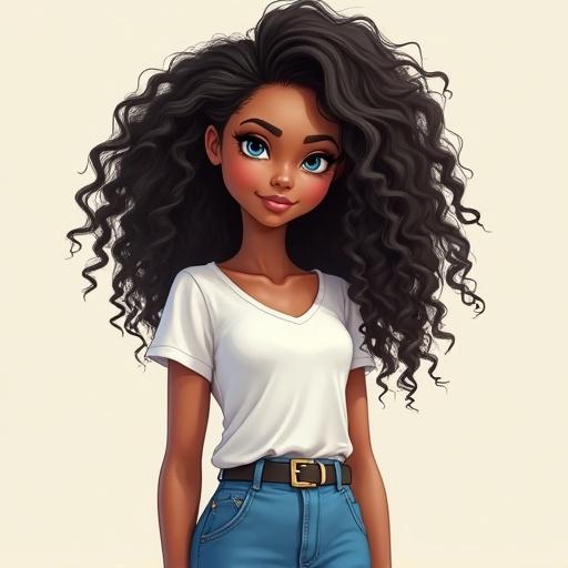 Girl with blue eyes and black-brown curly hair. Wearing a short white t-shirt and blue jeans. Character style reflects Pixar animation. White skin tone with long, wavy hair.