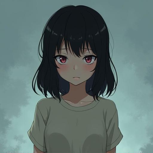 Anime character with a sad expression. Full body view. Dark hair and red eyes. Wearing a simple shirt. Background is muted and atmospheric.