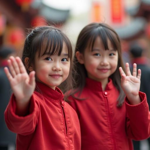 Two girls wearing red outfits wave at the viewer. They appear cheerful and friendly. Background suggests a festive atmosphere.