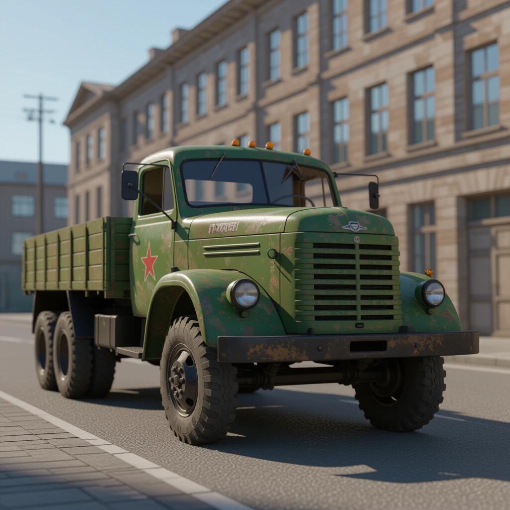 Massive Soviet old truck in an urban setting. The truck features a green color with a star emblem. Realistic textures with a focus on details and pixel sharpness. Designed to appear in a city backdrop.