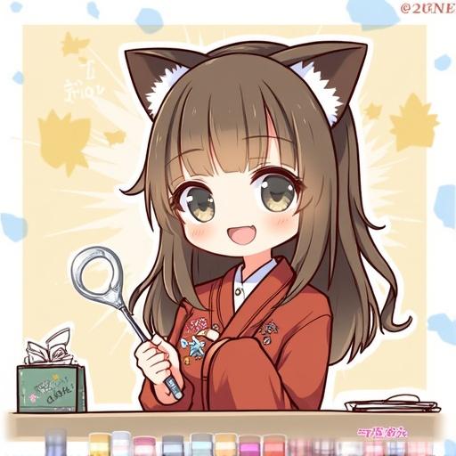 Anime character with cat ears in a kimono. Smile while holding a net. Background features playful colors and design elements.