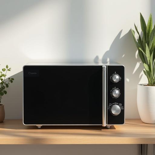 A modern microwave placed on a wooden table with a green plant next to it. The microwave has a sleek black design with silver knobs and is positioned in a well-lit area.