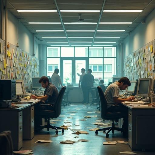 Cinematic opening scene in a chaotic office with glass walls. Environment cluttered with papers and sticky notes. Outdated equipment making noise. Employees with tired faces, typing frantically. Desks messy with open files. Natural lighting but cold to show frustration. Emphasize chaos and stress of paper-based workflow.