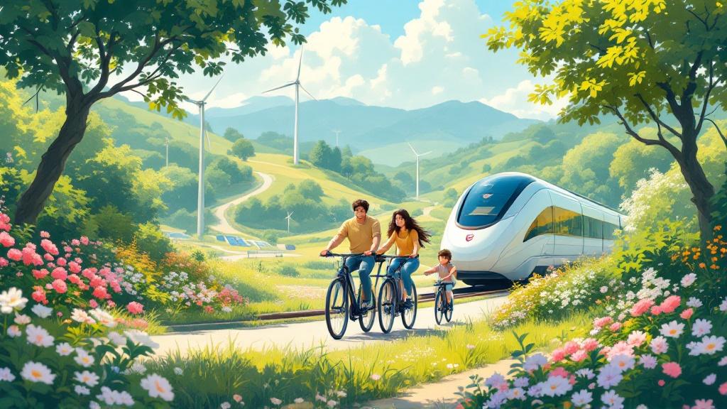 Solarpunk-inspired illustration in a comic style. Happy family rides bikes on a wide path. Lush greenery surrounds. Parents on tandem bikes with children. Background features a modern train. Sun shines brightly. Solar panels and wind turbines visible. Calm and harmonious atmosphere with painterly textures.