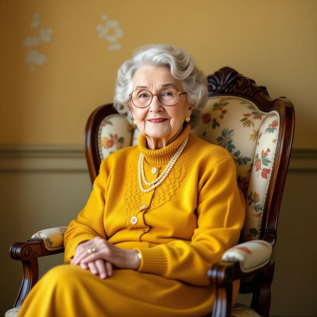 An older woman sits gracefully in a vintage chair wearing a bright yellow outfit. The background is a soft beige color. The decor reflects a classic style with floral patterns on the upholstery and warm lighting enhancing the scene.