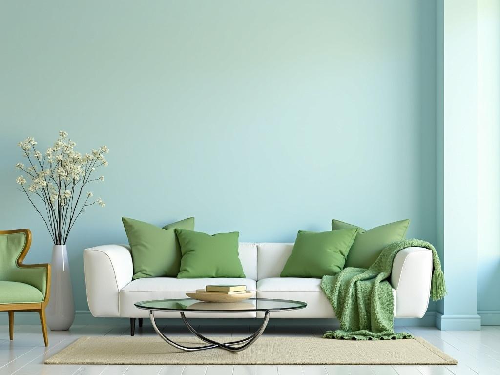 The image features a modern and cozy living room setting. The walls are painted in a soft, calming light blue shade. A sleek white couch is adorned with plush green cushions and a matching throw blanket, inviting comfort. There is a stylish glass coffee table in front of the couch, enhancing the contemporary look. To the side, a charming green chair complements the decor, while a tall, elegant vase holds delicate white flowers, adding a touch of nature to the space.