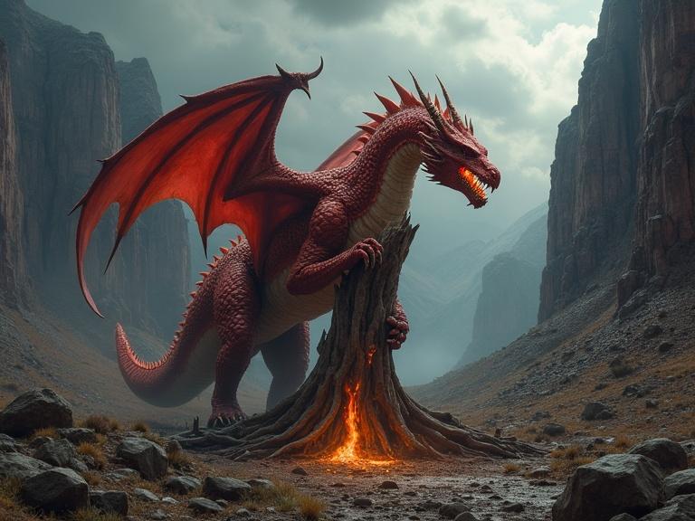Photorealistic depiction of a battle-scarred ancient red dragon. The dragon stands menacingly with front legs grasping a dead tree stump, breathing flame down onto the ground. There is a narrow canyon surrounded by rugged mountains, dark storm clouds overhead, creating a dramatic and ominous atmosphere. A low angle perspective captures the dragon's powerful presence within this epic setting, evoking a fight or flight reaction in viewers.