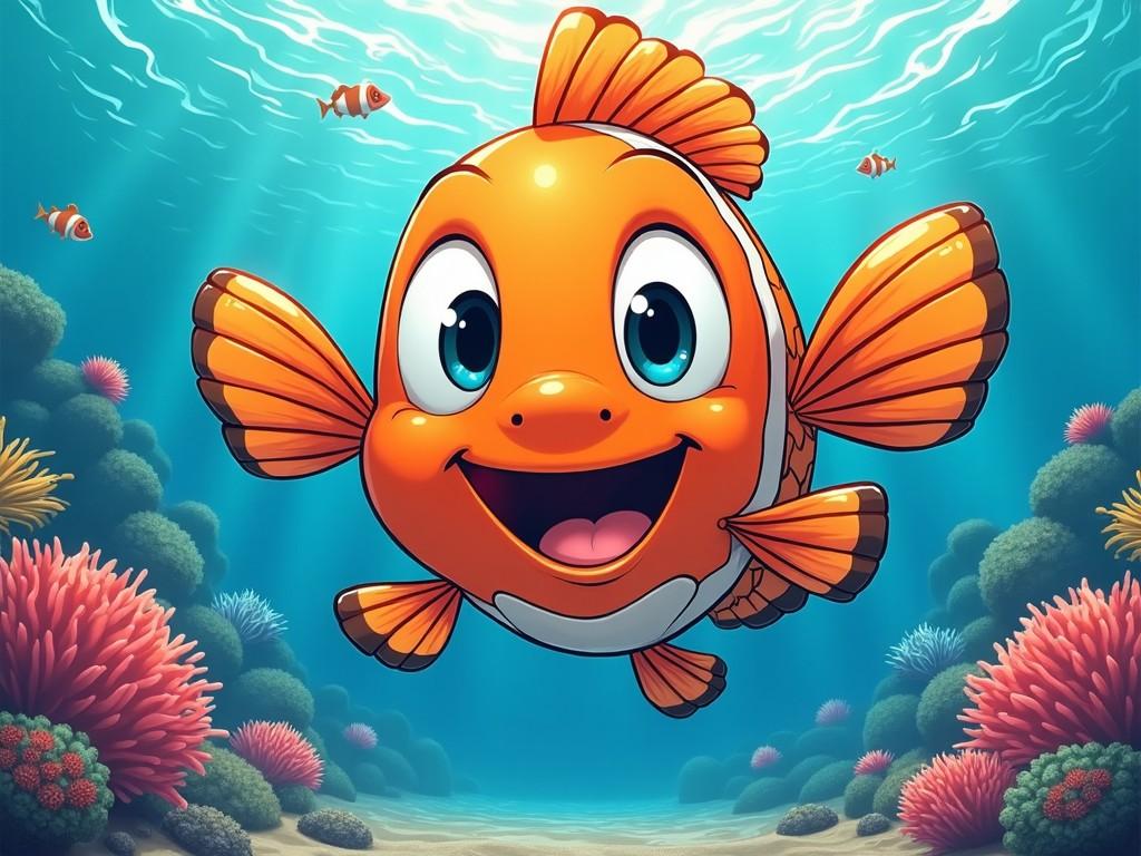 The image features a cheerful orange fish swimming through a vibrant underwater environment. The fish has a big smile and large, expressive eyes, making it look friendly and inviting. Surrounding it are colorful corals in shades of pink and green, creating a lively ocean scene. Rays of sunlight penetrate through the surface of the water, adding a bright and cheerful atmosphere. This illustration could appeal to children and families with its fun and playful design.