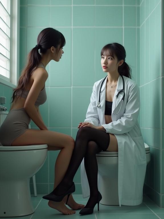 Ultra low angle shot of a doctor in medical attire consulting a patient in a bathroom. Doctor has stethoscope, is wearing heels, and has hair tied back. Gentle light enhances atmosphere, capturing both characters in full body frame.