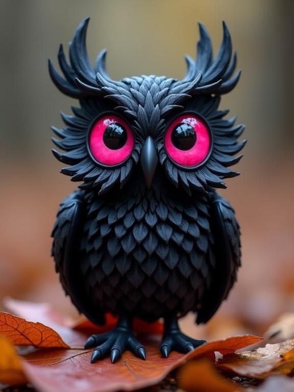 Image of a highly stylized, gothic-inspired miniature owl-like creature with exaggerated features. The body is matte black with vivid pink eyes. The creature sits on an autumn leaf in a softly blurred woodland background, showcasing a mystical atmosphere.
