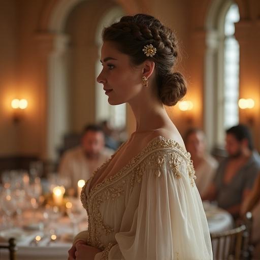 An elegant woman stands in a grand candlelit dining hall. She has a braided updo hairstyle adorned with a golden hair ornament. A gentle smile graces her face. Her gown is ethereal with translucent fabrics and ornate embroidery. The atmosphere feels graceful and otherworldly. The setting features arches and stone columns. Soft magical lighting enhances the scene.