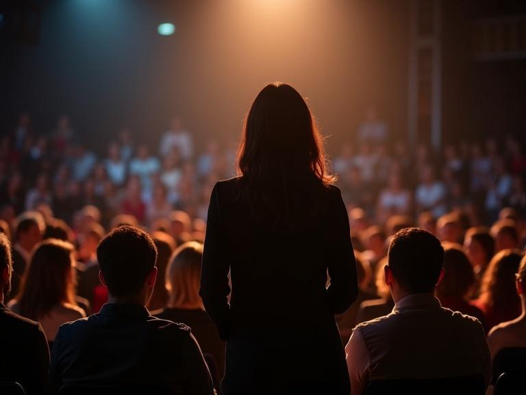 Mid-level career women in an audience look up at a professional woman on stage.