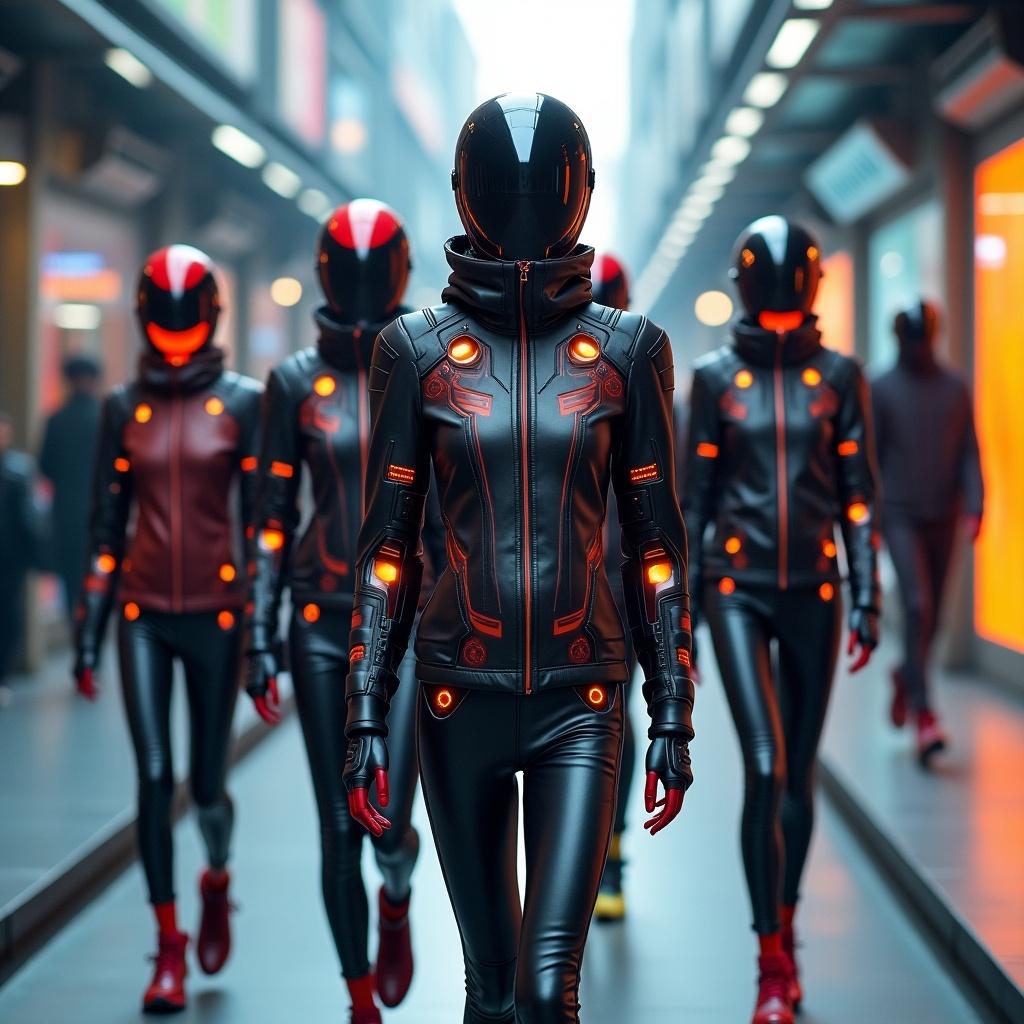 A group of figures in futuristic fashion stands in a vibrant, technology-inspired urban setting.