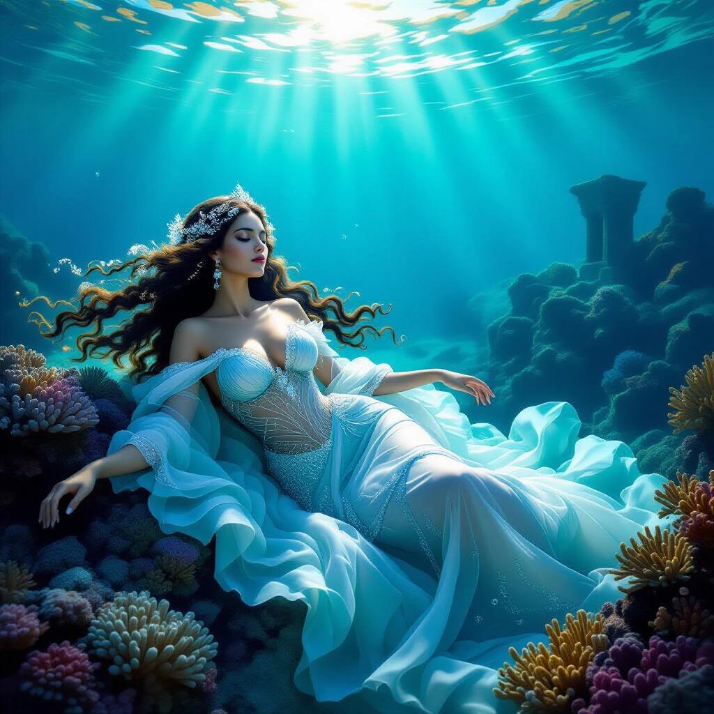 Thalassa the primordial sea goddess lies in a serene slumber at the bottom of the sea. Her body floats gracefully above glowing coral reefs and ancient ruins. Arms softly extended. Hair flows in thick strands interwoven with kelp pearls and bioluminescent filaments. Wears a luxurious ensemble with delicate fabrics. Gown mimics flowing water. Adorned with gold embroidery pearl chains and luminous sea gems. Underwater scene features glowing jellyfish and vibrant sea fans. Hyper-realistic lighting illuminates her flawless skin and shimmering dress.