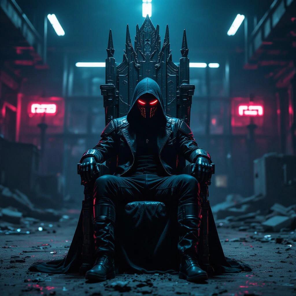 Dark portrait of a cyberpunk figure. Crumbling warehouse setting with a steel throne. Neon lighting creates a moody atmosphere.