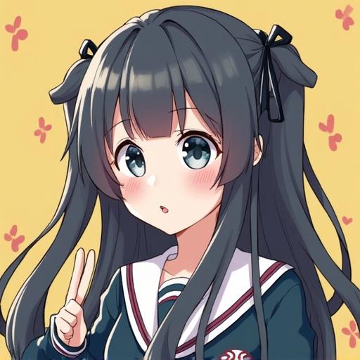 Anime-style illustration of a girl with black hair and blue eyes. She wears a school uniform with a collar and a hand gesture. The background features butterflies and pastel colors.