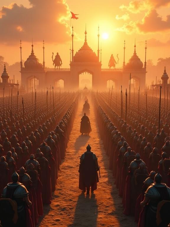A royal war camp setting at dawn. Kings and commanders are seated under elaborate tents. Soldiers stand in disciplined formation with armor. Chariots and elephants are behind them. Kings Yudhishthira and Duryodhana sit on elevated thrones. Flags flutter in the breeze. The atmosphere is tense with a golden sunrise casting shadows.