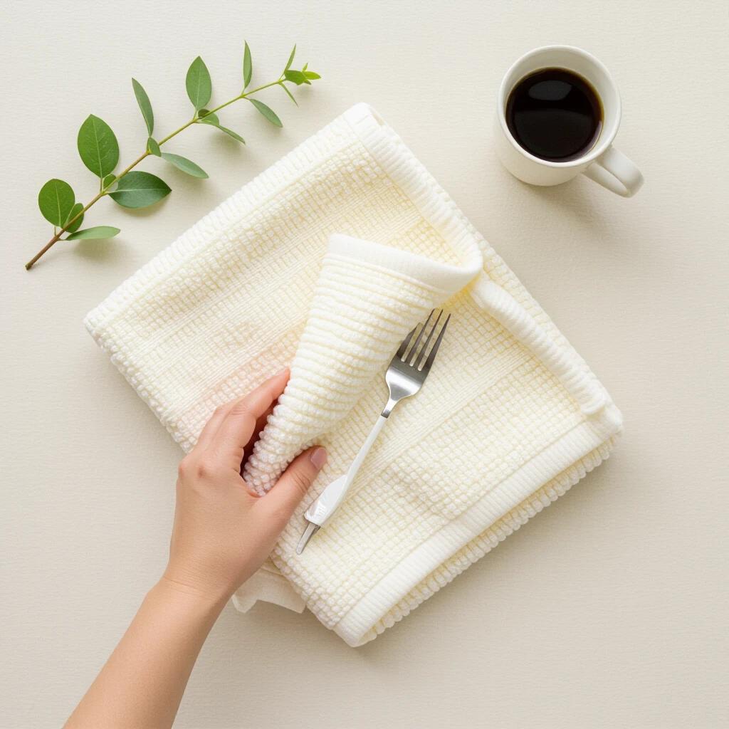 Folded towel on cream background with fork and cup of coffee. Green leaves added for freshness.