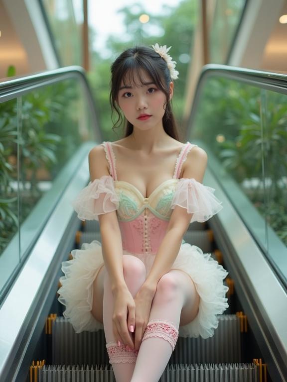 Full body shot of a Chinese lady adorned in pastel-colored frilly outfit. She squats on an escalator facing the camera in a well-lit mall. Her ensemble includes a corset top with lace and frills in pink, cream, and mint green. The sweetheart neckline showcases off-the-shoulder design. A full white lace skirt drapes at her waist, creating a vintage fairytale feel. Her hair is tied back. Beautiful legs are shown with pale, light pink stockings and embroidered garter belts. Soft natural light enhances the frills and lace details. The lush greenery in the background adds to the ambiance.