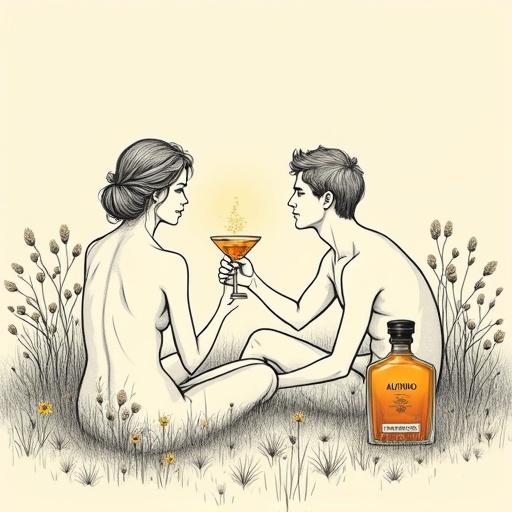 Minimalist line art drawing. Serene natural topless Venus goddess. Seated in wildflower field. Offering toast with cocktail glass to shirtless male partner. Apothecary bottle of ALFRUNO resting nearby. Radiates soft golden glow. Bold black outlines on beige background. Emphasizes positive and negative space. Traditional zen art inspiration. Focus on simplicity and elegance. Evokes mystery and tranquility.