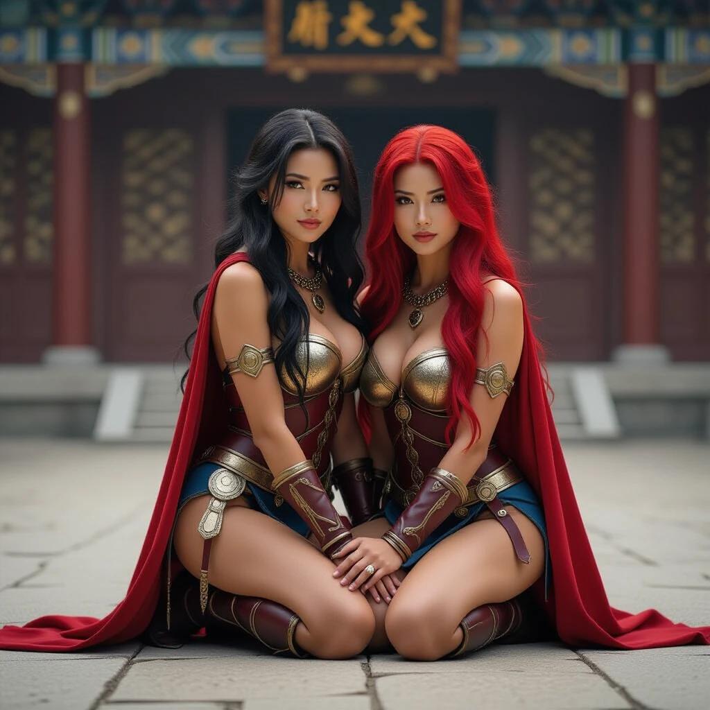 Two women kneeling in front of an ornate building. One has long black hair and the other long red hair. Both wear gold costumes and capes. They embody fantasy characters with strong expressions.