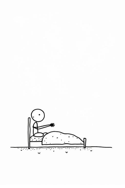 Line diagram shows stickman character waking up. Arms stretch outwards. Bed shown from side view. Minimalistic design. Black and white colors used.