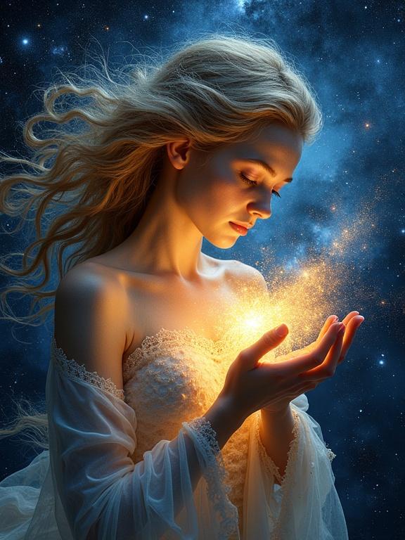 Cosmic mother figure holds a glowing newborn star. Surrounded by swirling nebulas and galaxies. Eyes reflect light from stars. Hair billows like cosmic dust. Vibrant ethereal style inspired by Alex Grey and Max Ernst.