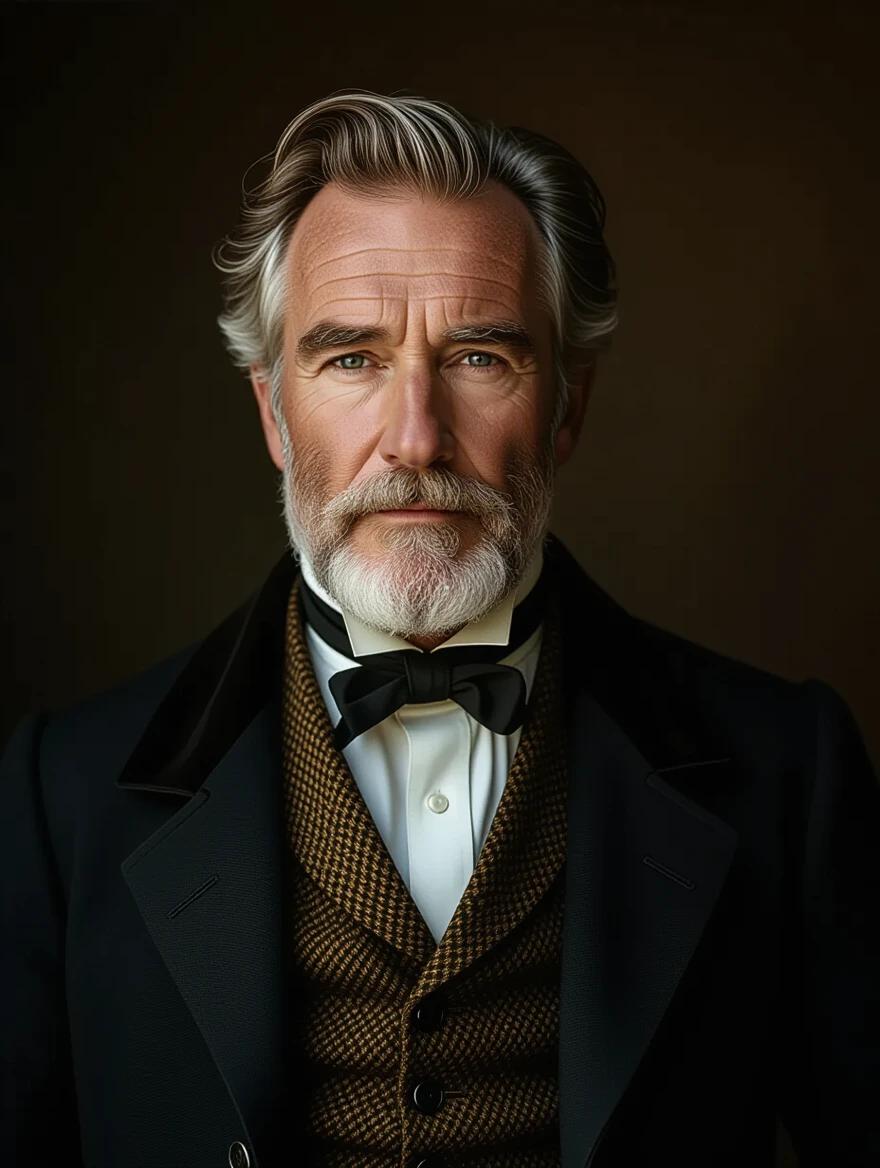Realistic portrait of 65-year-old man from 19th century. Wearing period clothing. Dark, painterly background. Soft lighting and cinematic tones. High realism. Calm expression. 9:16 aspect ratio, vintage film look.