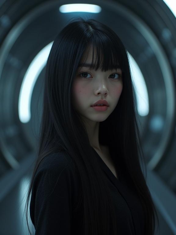 A young slim girl with long black hair. She has pale freckled skin and realistic eyes. The background is dark silver metallic and curvy. A bright white light creates contrast with dark blue lens flare.
