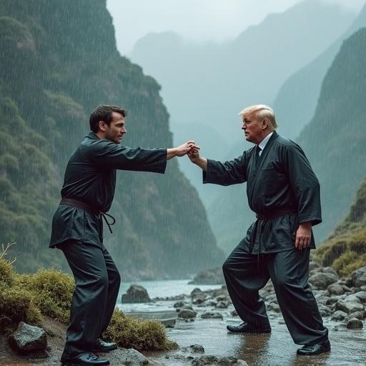 Political leaders engage in a karate contest on a rainy day in a mountainous scenery. They are wet and dressed in martial arts attire.