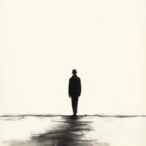 Minimalist human silhouette in black color standing on a long road. Monochrome sketch with delicate ink lines. Textured paper appearance contributes to a serene mood. Inspired by traditional Asian brushwork.
