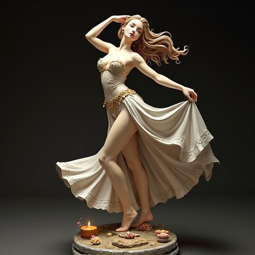A detailed resin statue of a sensual dancer inspired by Esmeralda. Figure dances with one leg extended and skirt swirling. One hand holds a tambourine while the other gracefully curves. Hair flows with the dance. She wears a tight corset and semi-sheer skirt. Accessories include golden jewelry on ankles, ears, and wrists. The base features ancient stone look with candles and flowers.