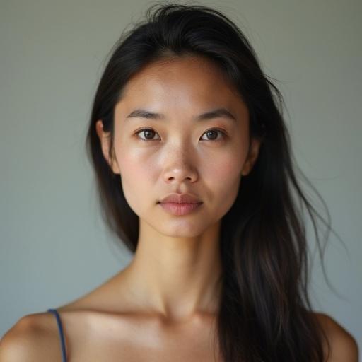 Woman looks directly into the camera with a calm neutral expression. Mouth stays still and closed at all times. Only head movement or slight eye motion allowed. Body remains motionless. Camera is steady, frontal, medium shot showing her head to toe.