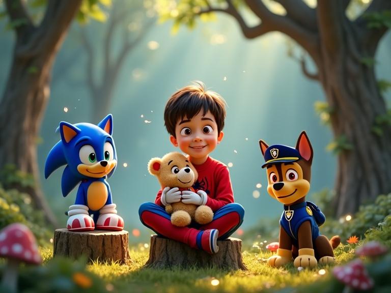 A young boy with short dark hair smiles wearing red Spiderman pajamas. He sits on a tree stump in a forest holding a fluffy teddy bear. Sonic the Hedgehog and Chase from Paw Patrol are beside him. Fireflies float around creating an enchanting atmosphere. The ground is covered in moss and mushrooms. Tall trees with twisted branches frame the scene.