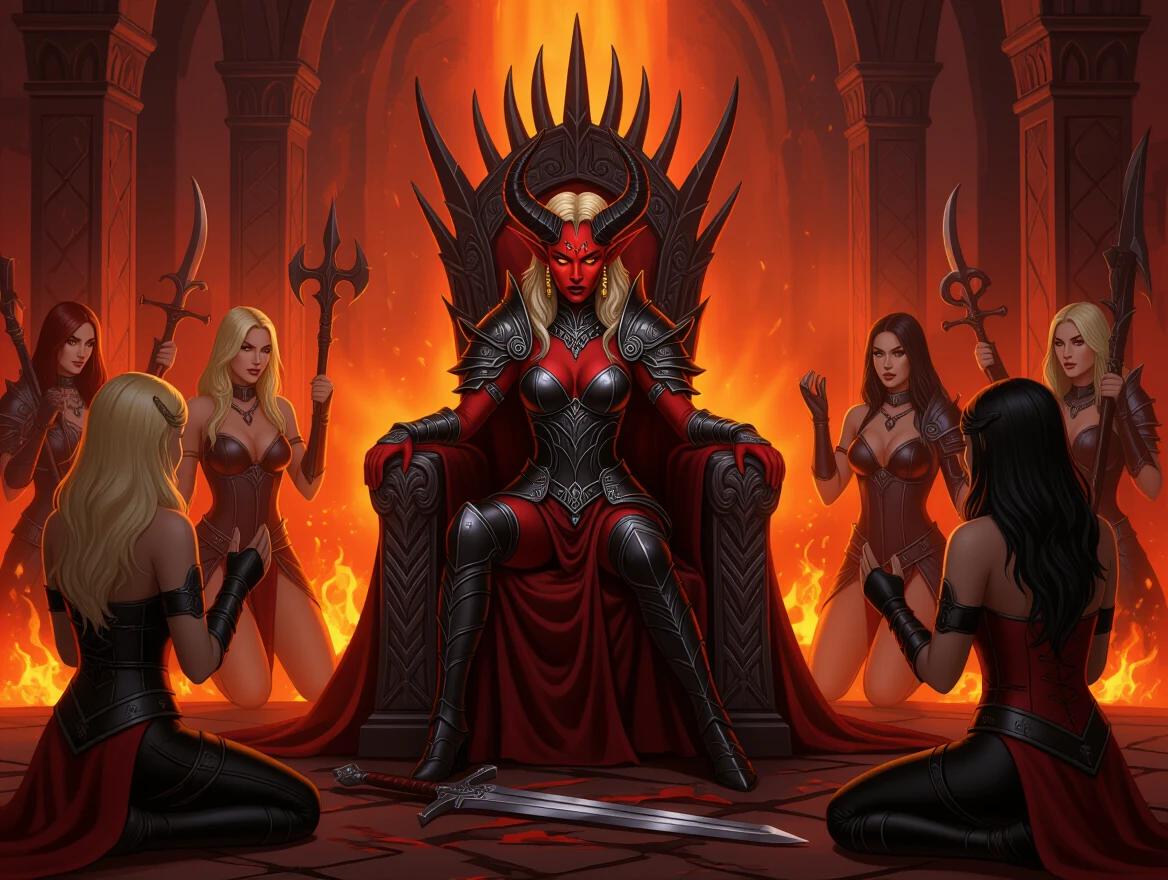 Demon queen with red and black skin on throne. Golden eyes and horns. Around her, women in red and black leather perform ritual. Lava surrounds them. Throne room with ominous atmosphere. Dark and intense scene. A blond female Paladin kneels wearing white armor with sword on ground.