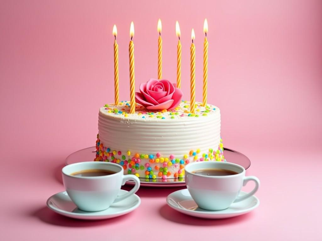 A beautifully decorated birthday cake sits on a plate. The cake is white with colorful sprinkles and has a pink rose on top. There are six yellow candles lit on the cake. Two light-blue cups filled with coffee sit on either side of the cake. The background is a soft pink, giving the image a festive feel. The overall scene conveys a sense of celebration and sweetness. Perfect for a birthday party theme, this image evokes joy and fun.