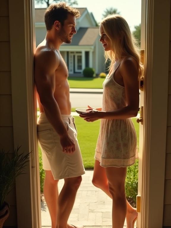 Cinematic scene on a sun-drenched suburban porch. A beautiful woman in a light summer dress stands at the front door with an empty sugar bowl. She locks eyes with a handsome man inside who leans against the doorframe. The man shows a nervous smile. The background shows a quiet neighborhood with manicured lawns. Warm lighting creates a soft shadow emphasizing chemistry between them. The atmosphere hints at forbidden temptation.