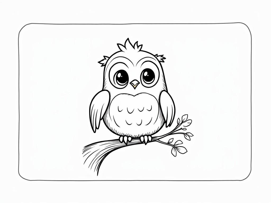 This illustrative image features a cute, cartoon-style owl perched gracefully on a branch. The owl's large, twinkling eyes and soft, rounded features lend it an endearing and whimsical appearance. Simple lines and a monochrome color palette give it a timeless, charming quality perfect for children's books or playful decorative elements.